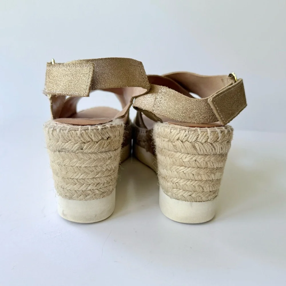 Kanna Gold Metallic Nubuck Suede Crossover Platform Wedge Espadrille Sandal 8